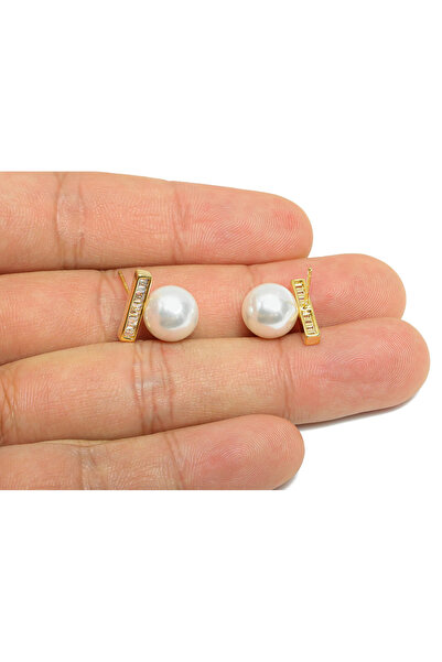 FAYRA ACCESSORIES Kristal Taşlı İnci Küpe 18 K Altın Kaplama
