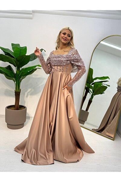 E&A Eren Abiye Uzun Kollu Saten Abiye