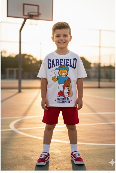 LİTTLE TORTOİSE Boys Garfi̇eld Printed Crew Neck T-Shirt & Shorts Set
