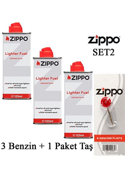 Zippo Çakmak ikmal Seti 3 Bidon Benzin 1 Paket Taş Set2