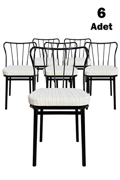 TP TUNAPRES 6'lı Minimalist Metal Ayaklı Modern Yemek Masa Sandalyesi – Çizgili Krem Minderli, Ergonomik Tasarım