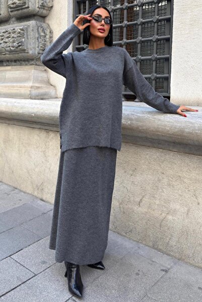 Genel Markalar Midi Etekli Triko Takım -ANTRASİT