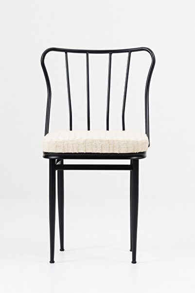 TP TUNAPRES 6'lı Minimalist Metal Ayaklı Modern Yemek Masa Sandalyesi – Çizgili Krem Minderli, Ergonomik Tasarım