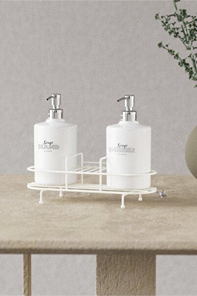 Suntel Beyaz 2’li Metal Standlı Plastik Sıvı Sabun Ve Losyon Şişesi Sabunluk 430 ml
