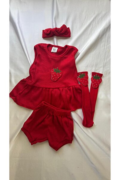 Al Ver Gülüm Kırmızı Ribana Bebek Şort Bluz Bandana Çorap Set -Bebek Hediyeli...