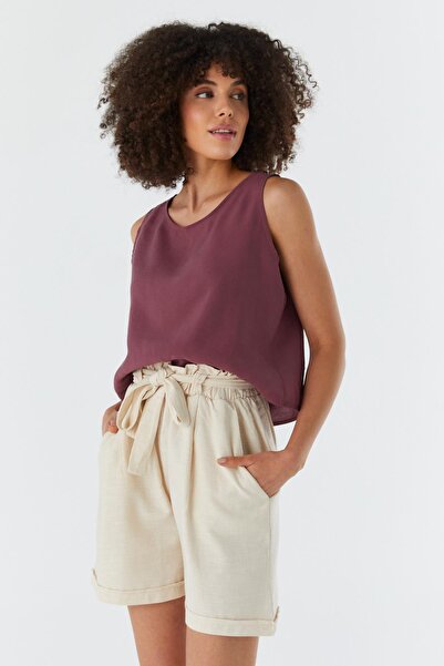 Shopping Shop Elastic Waist Belted Linen Shorts Natural