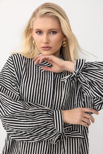 Olcay Black Striped Shirt and Trousers Two-Piece Set - Elastic Waist 7939-Tk