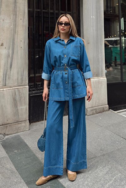 Olcay Kék öves kabát és nadrág farmer kétrészes szett