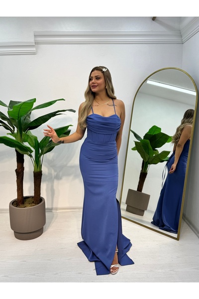 E&A Eren Abiye KADIN ASKILI YIRTMAÇLI KREP ELBİSE