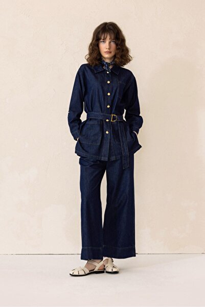 Olcay Belted Jacket and Trousers Denim Double Suit Dark Blue 9293-Tk