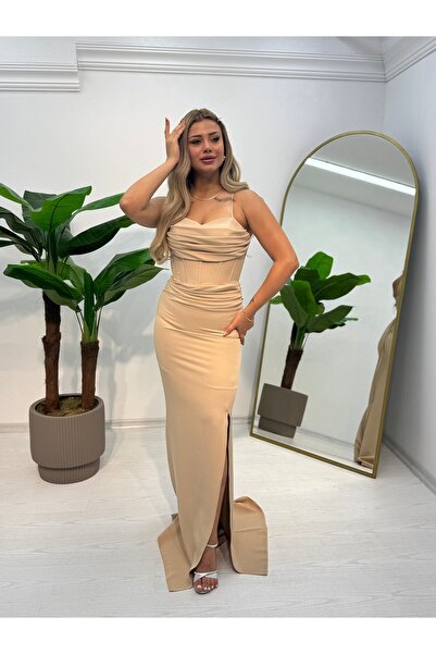 E&A Eren Abiye KADIN ASKILI YIRTMAÇLI KREP ELBİSE