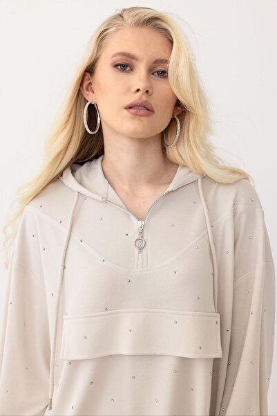 Olcay Premium Fabric Sweat Pants Suit with Hooded Stone Pave Cream 7984-Tk