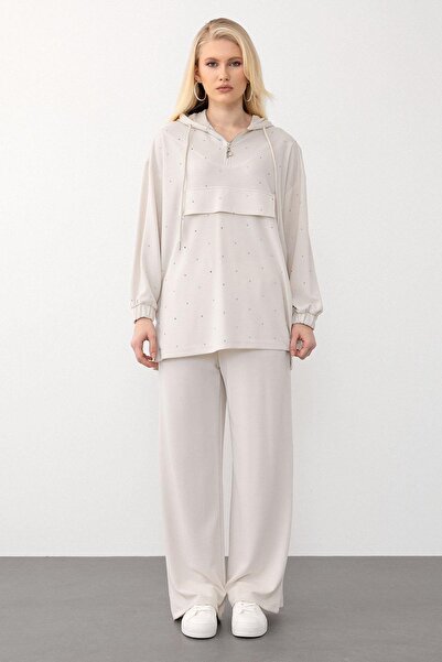 Olcay Premium Fabric Sweat Pants Suit with Hooded Stone Pave Cream 7984-Tk