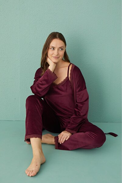 MEBA Kadın Mürdüm Sabahlıklı Dantel Detaylı 3'lü Kadife Gecelik Takımı Pijama Çeyiz Set