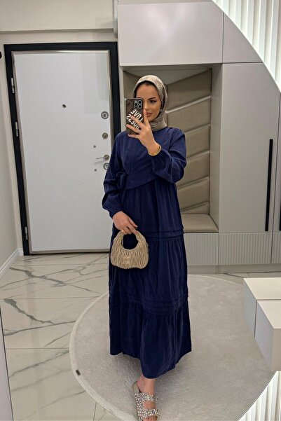 Genel Markalar Kadın Lacivert Kuşak Detaylı Kat Kat Fırfırlı Salaş Tesettür E...