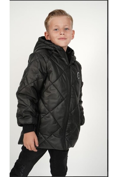 DUBLİNO KİDS Black Checkered Pattern Boys' Water and Windproof Hooded Coat with Wersoft Inside