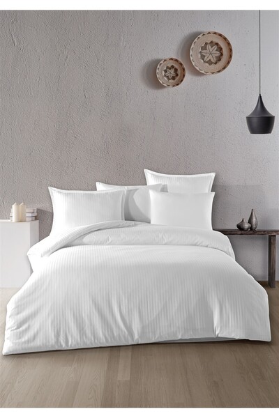 Evim 100% Cotton Satin Vertical Line Flounced Double Duvet Cover Set White 200X220 cm