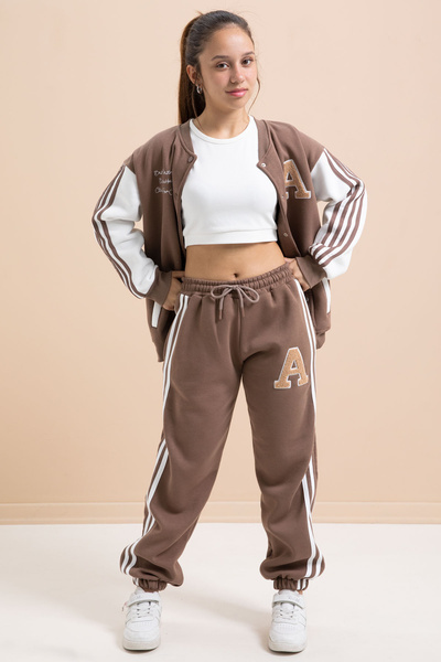 Cansın Mini Coffee Written College Jacket Girl's Striped 3 Thread Hooded Tracksuit Set 21295