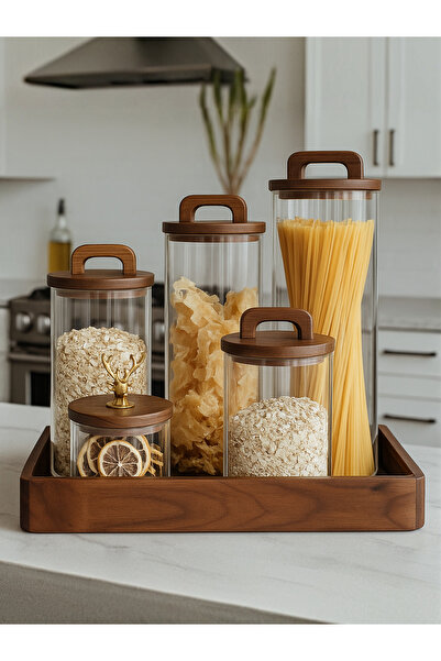 Kezze 4' Lü Vakumlu Akasya Kapaklı Cam Kavanoz - Erzak/bakliyat Saklama Kabı Seti