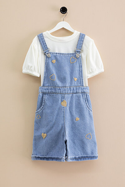 Cansın Mini Blue Heart Embroidered Shorts and Salopet Girl's Baggy 2 Piece Set 21018