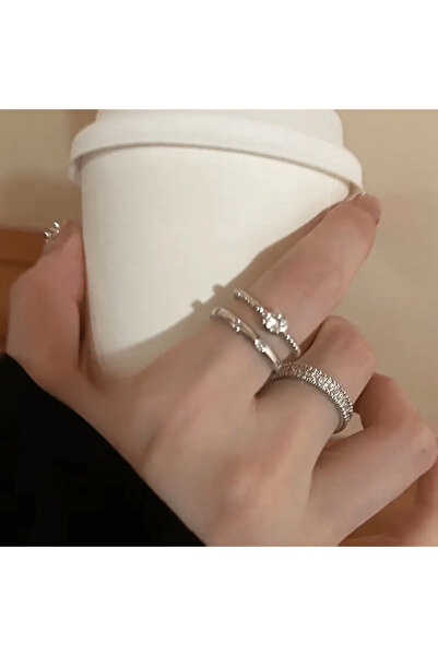 takiandmore 3 قطع من مجموعة خواتم فضية متعددة بتصميم لامع قابل للتعديل مرصعة بأحجار الزركون