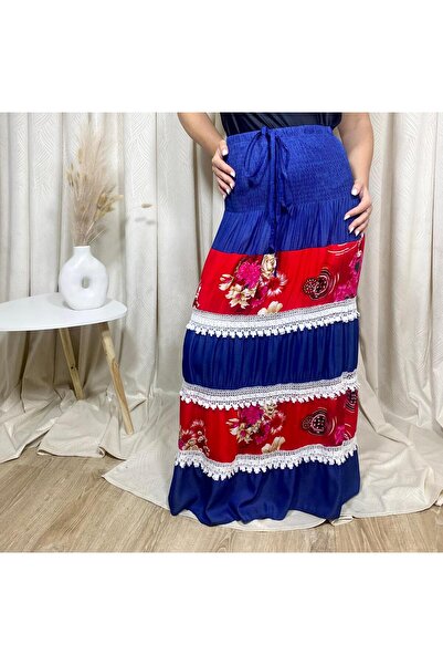 Intisimo Fustă lejeră, inserții de dantelă, imprimeu floral, roșu/albastru