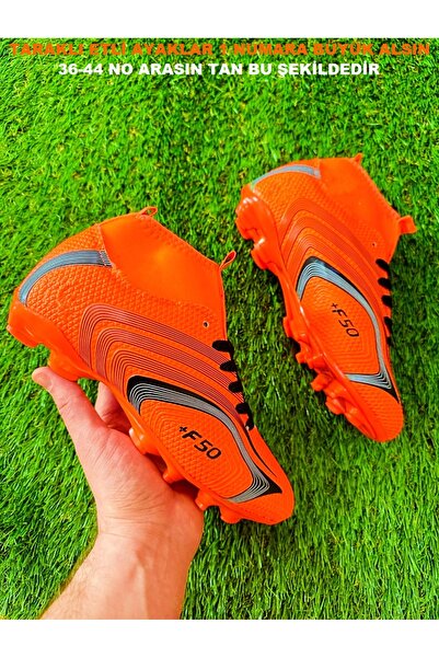 Walked Erkek Çocuk Boğazlı Bilekli Çoraplı Turuncu Renk Dişli Çivili Krampon Halı Saha Futbol Spor Ayakkabı