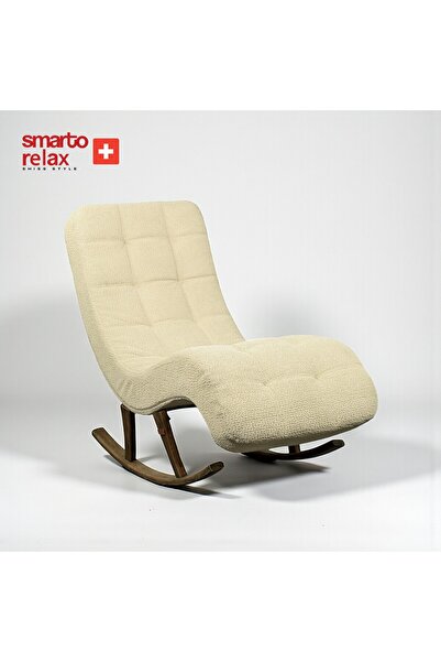 Smarto relax Sallanan Koltuk – Beyaz Teddy Kumaş, Modern Ahşap Ayaklı Geniş Dinlenme Koltuğu 160x75