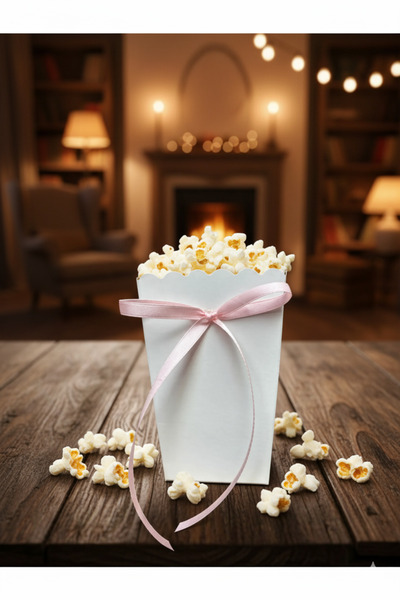 Deniz Party Store White Popcorn Corn Box with Pink Ribbon 8 Pcs