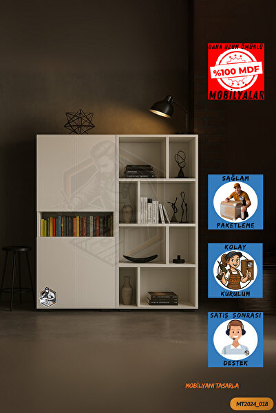 Mobilyanı Tasarla Tamamı MDF 4 Kapaklı & Açık Raflı Dev Beyaz Kitaplık