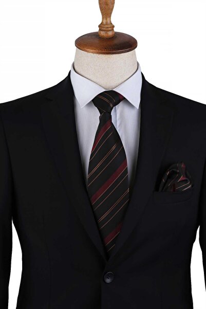 Kravatkolik Siyah - Bordo Çizgi Desen Mendilli Klasik Kravat KK13204