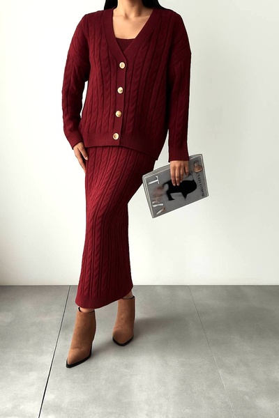 Lusin Γυναικείο Crop Knitwear Σετ σε καφέ χρώμα - Φούστα και ζακέτα με λεπτομέρεια από πλέξη μαλλιών