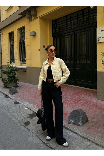 LB Laluna Butik Women's Back Pleated Denim Jacket with Chest Pockets