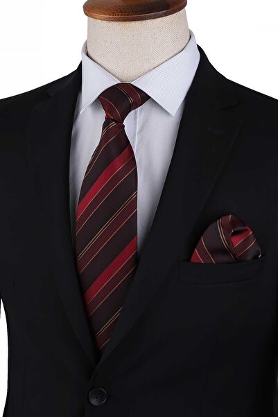 Kravatkolik Burgundy - Black Line Pattern Classic Tie with Handkerchief Kk13208