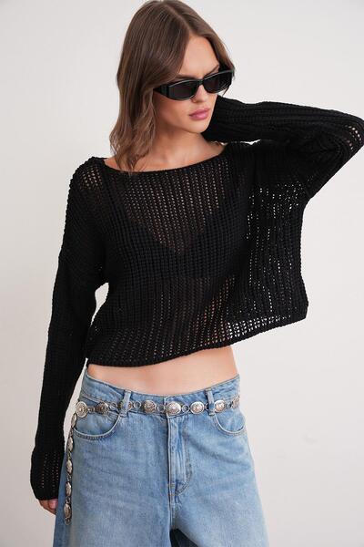 Mixray 6864 Women's Openwork Mesh Seasonal Sweater Black