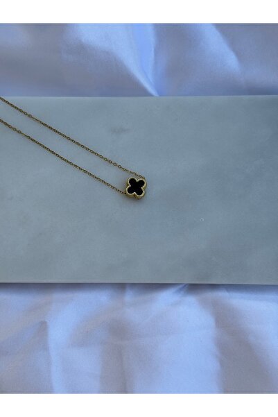 themiyops Minimal Siyah Detaylı Yonca Gold 40 cm Kolye