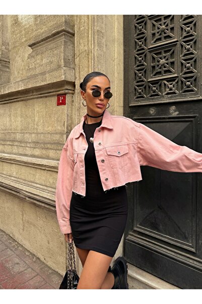 LB Laluna Butik Women's Crop Cut Denim Jacket Oversize Fit