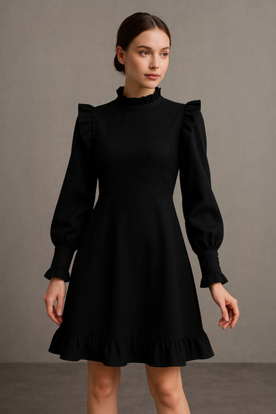 Noi Belis Siyah A Kesim Dokuma Omuz Detaylı Dokuma Elbise AW25EL0004