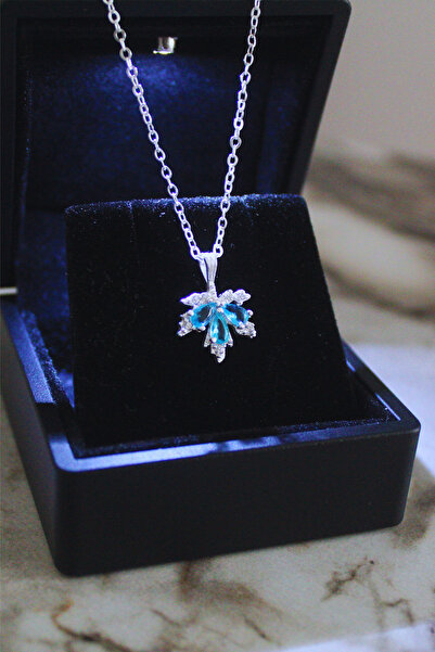 carrot silver 925 Ayar Gümüş Çınar Yaprağı Aqua Taşlı Kolye-Hediye Paketli