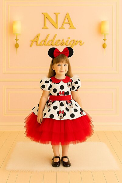 ADA ANNE ÇOCUK MODA Kız Çocuk Miki Mickey Mouse Kırmızı Tüllü Kabarık Elbise