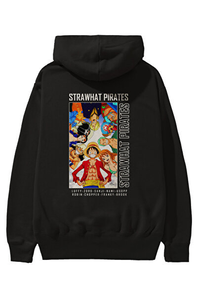 Ankhises سويت شيرت بقلنسوة أسود كبير الحجم مطبوع عليه رسوم متحركة Luffy Strah...