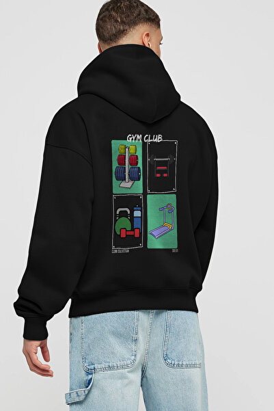 Ankhises Hanorac negru cu glugă supradimensionat cu imprimeu pe spate Gym Club pentru bărbați și femei