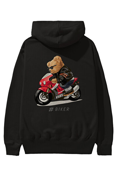 Ankhises Teddy Bear Biker Back Štampano Crna Oversize kroj Sa kapuljačom Duks...
