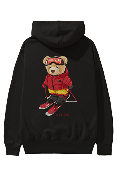 Ankhises Teddy Bear Ski Pe Spate Imprimat Negru Oversize Glugă Hanorac Bărbați Femei