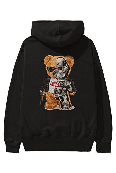 Ankhises Teddy Bear Robot Back Štampano Crna Oversize kroj Sa kapuljačom Duks...