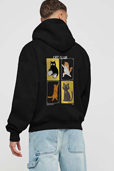 Ankhises Hanorac negru cu glugă supradimensionat cu imprimeu pe spate Cat Clu...