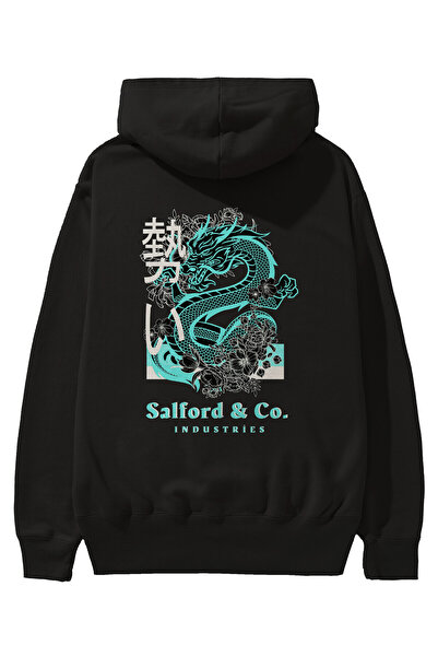 Ankhises Dragon Back Printed Μαύρο Oversize Φούτερ με κουκούλα Ανδρικά Γυναικεία