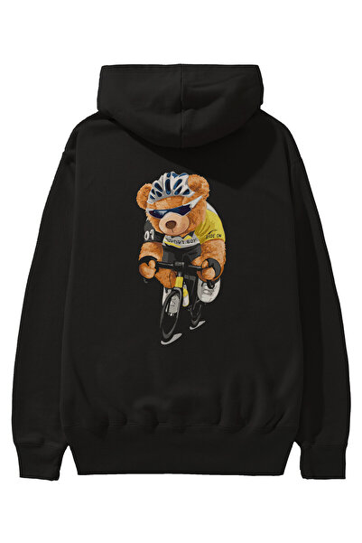 Ankhises Teddy Bear Sport Boy Back Printed Μαύρο Oversize Φούτερ με κουκούλα ...
