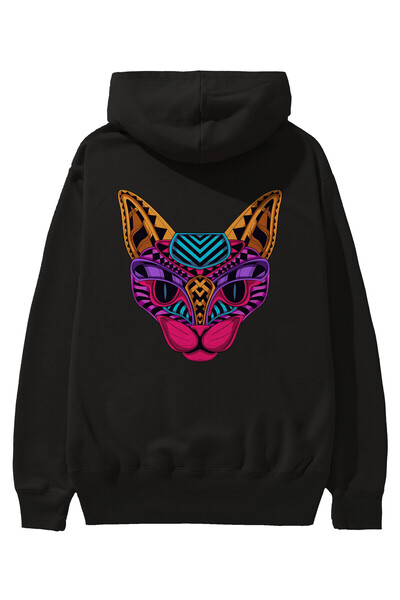 Black Neon Cat Back Printed Black Oversize Hooded Sweatshirt Men Women