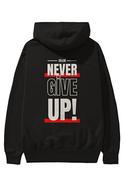 Ankhises Never Give Up Written 2 Hanorac negru oversize cu glugă cu imprimeu ...